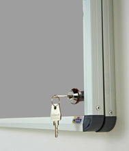 Load image into Gallery viewer, Fire Retardant Lockable Noticeboard Light Grey Felt 1200x 1200mm Aluminium Frame
