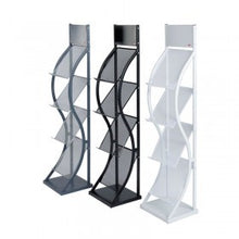 Load image into Gallery viewer, Black 4 Shelf–Tall Freestanding Curved Leaflet Dispenser-Castors 140cm High
