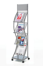 Load image into Gallery viewer, Silver 4 Shelf–Tall Freestanding Curved Leaflet Dispenser-Castors 140cm High
