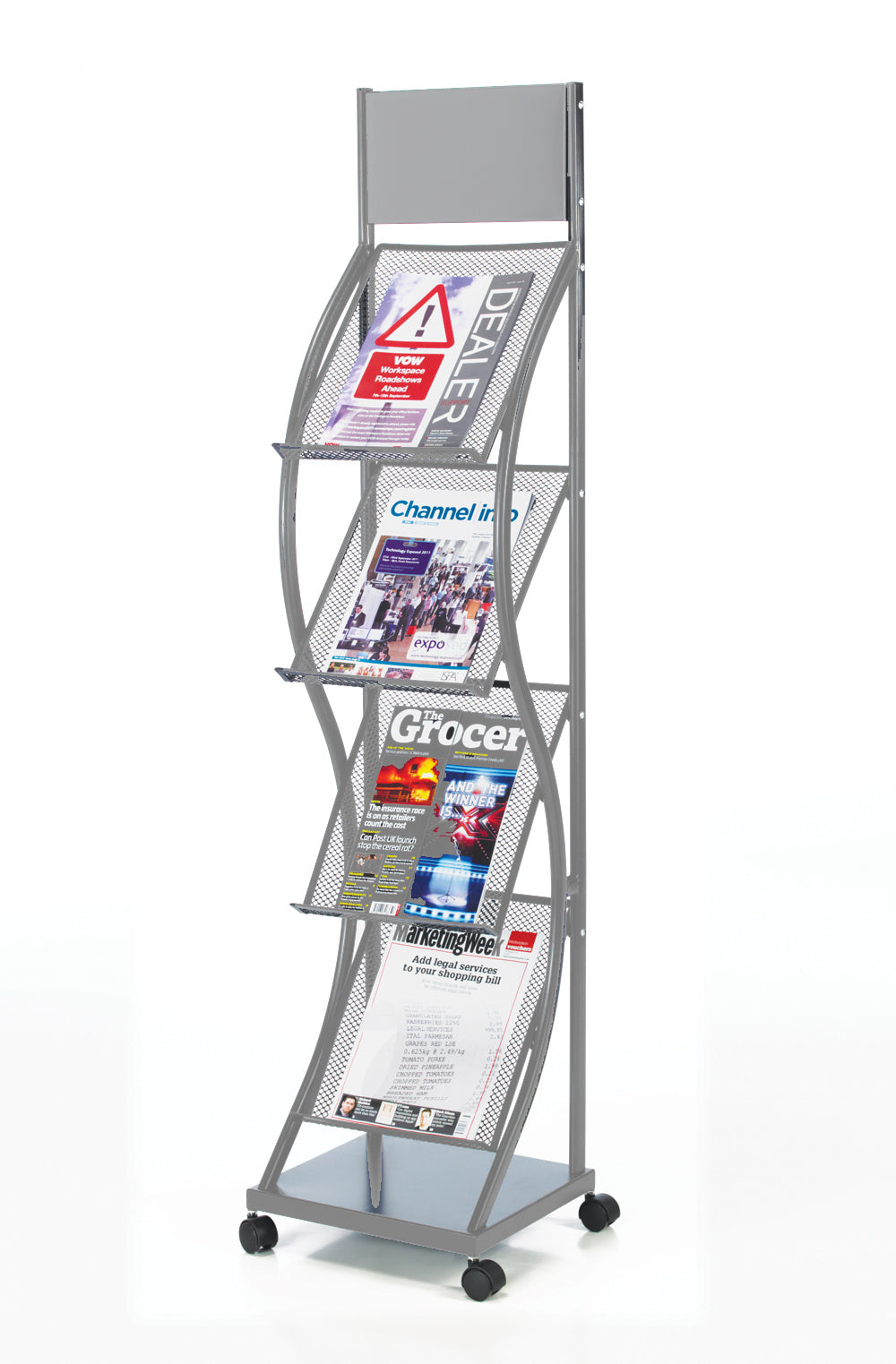 Silver 4 Shelf–Tall Freestanding Curved Leaflet Dispenser-Castors 140cm High