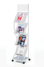 Load image into Gallery viewer, White 4 Shelf–Tall Freestanding Curved Leaflet Dispenser-Castors 140cm High
