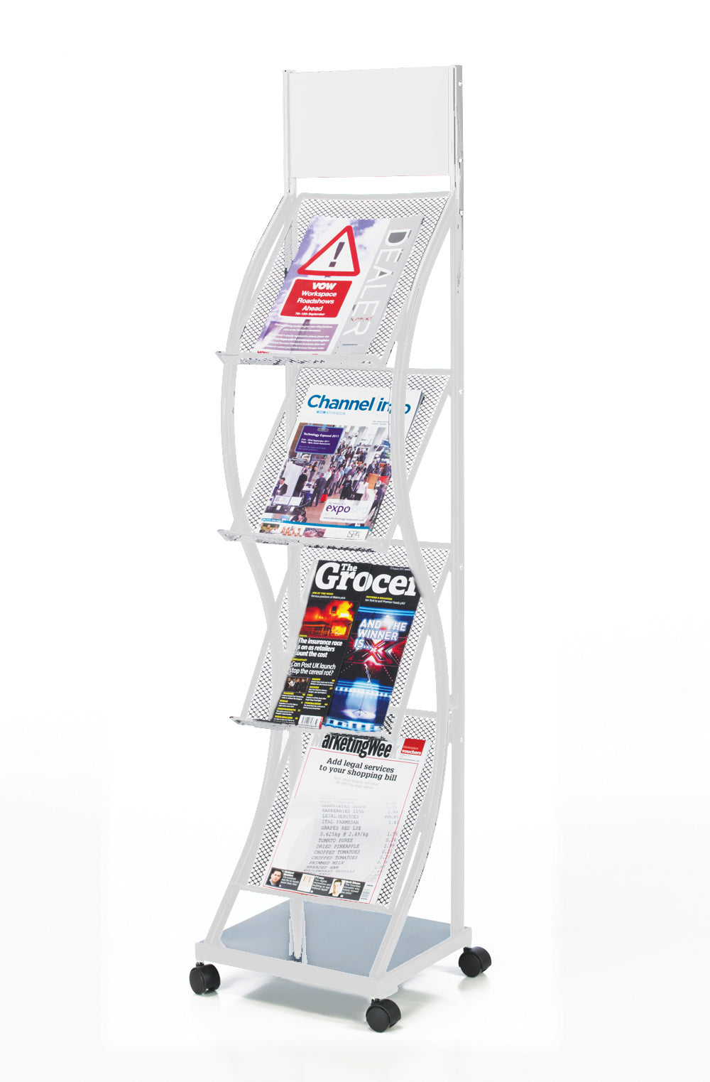 White 4 Shelf–Tall Freestanding Curved Leaflet Dispenser-Castors 140cm High