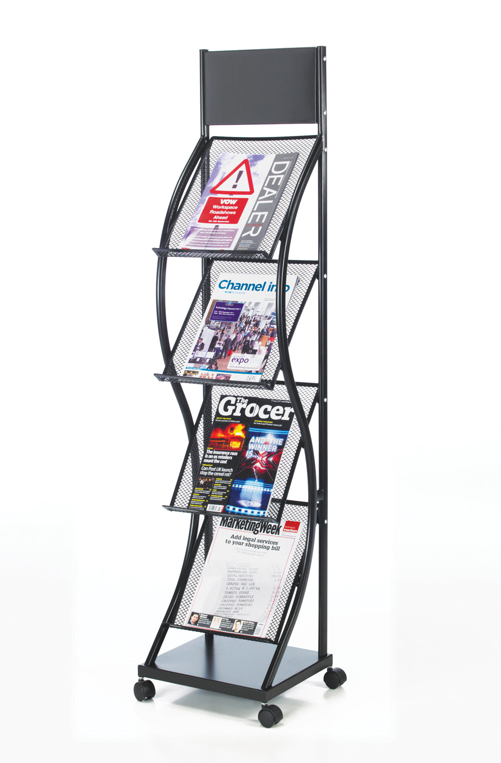 Black 4 Shelf–Tall Freestanding Curved Leaflet Dispenser-Castors 140cm High