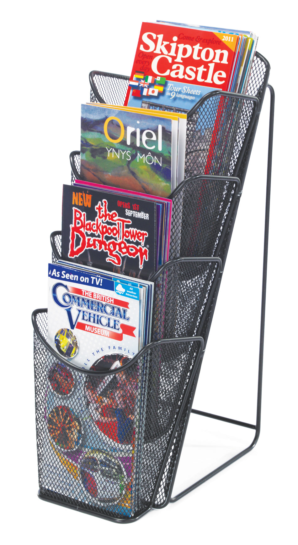 Black 4 Pocket–Narrow A4 Mesh Counter Top Leaflet Holder–Free Standing–11cm Wide