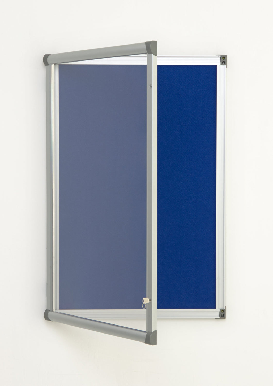 Fire Retardant Lockable Noticeboard Blue Felt 600mm x 900mm Aluminium Frame