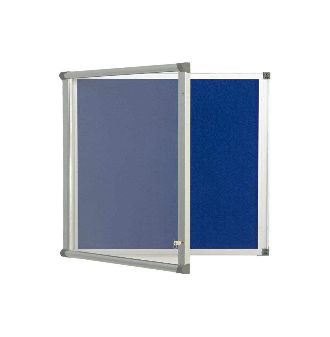 Fire Retardant Lockable Noticeboard Blue Felt 1200 x 1200mm Aluminium Frame