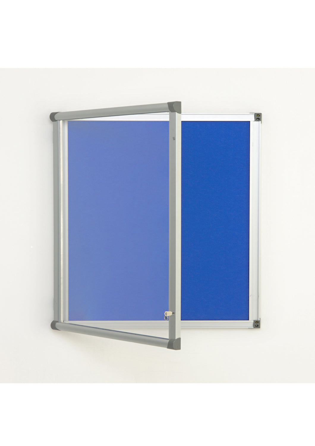 Fire Retardant Lockable Noticeboard Light Blue Felt 1200x 1200mm Aluminium Frame