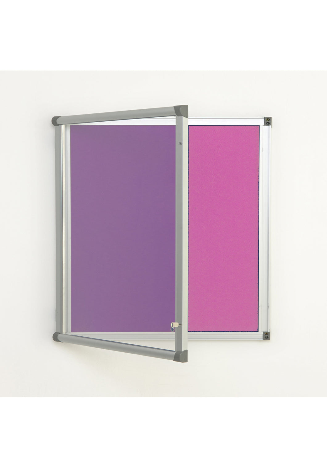 Fire Retardant Lockable Noticeboard Lilac Felt 1200 x 1200mm Aluminium Frame